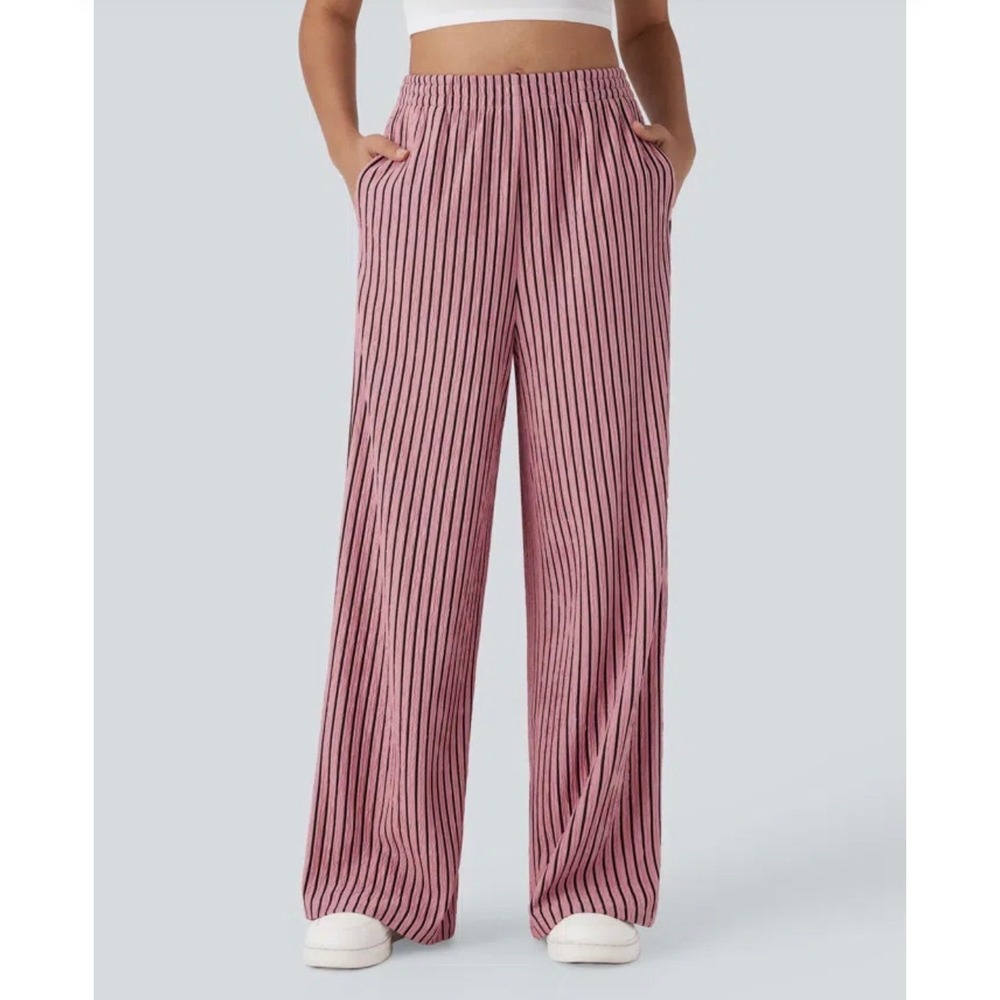 Halara High Waisted Straight Leg Crinkle Casual Pants Pockets Candy Pink M NWOT